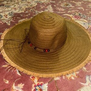 Brown Floppy Straw Fringe Hat with Beads